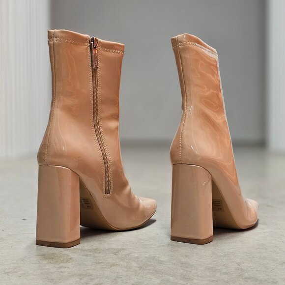 Beast Fashion KETSBY Patent Block Heel Ankle Boots in Nude  Nude Patent Leather Block Heel Ankle Boots With Side Zipper Closure For Women